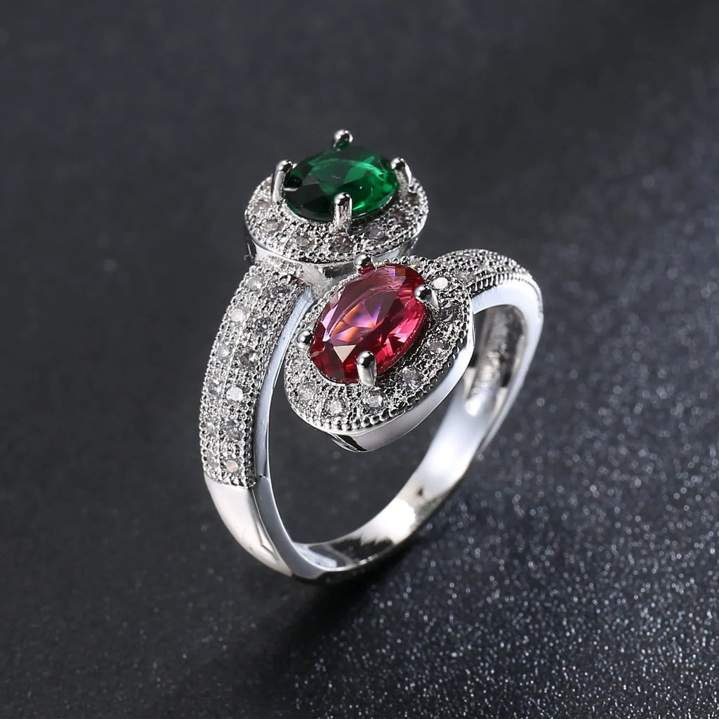 Fashion copper ring for women with zircon stones in rose jade colour, shown on hand