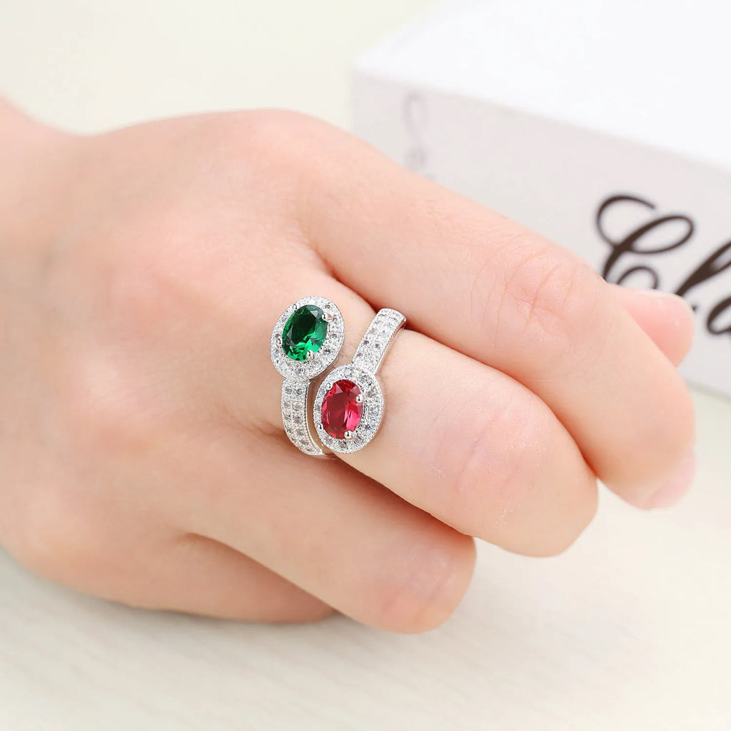 Fashion copper ring for women with zircon stones in rose jade colour, shown on hand