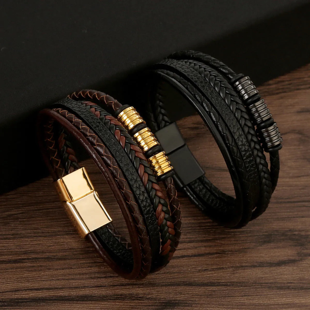 Men's woven leather bracelet with alloy magnetic buckle, geometric design, electroplated finish, in black or brown.