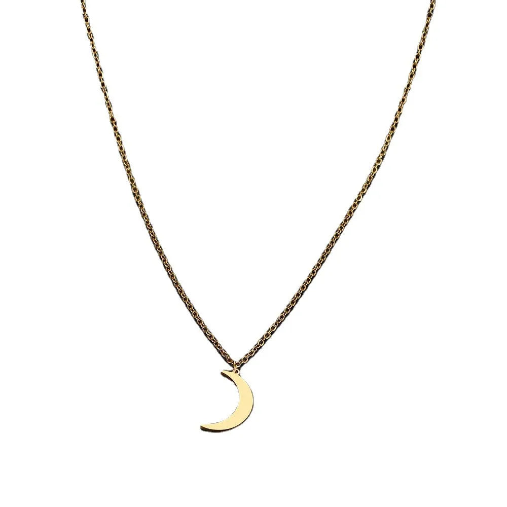 Women's stainless steel moon pendant necklace on a clavicle chain in gold or silver electroplated finish
