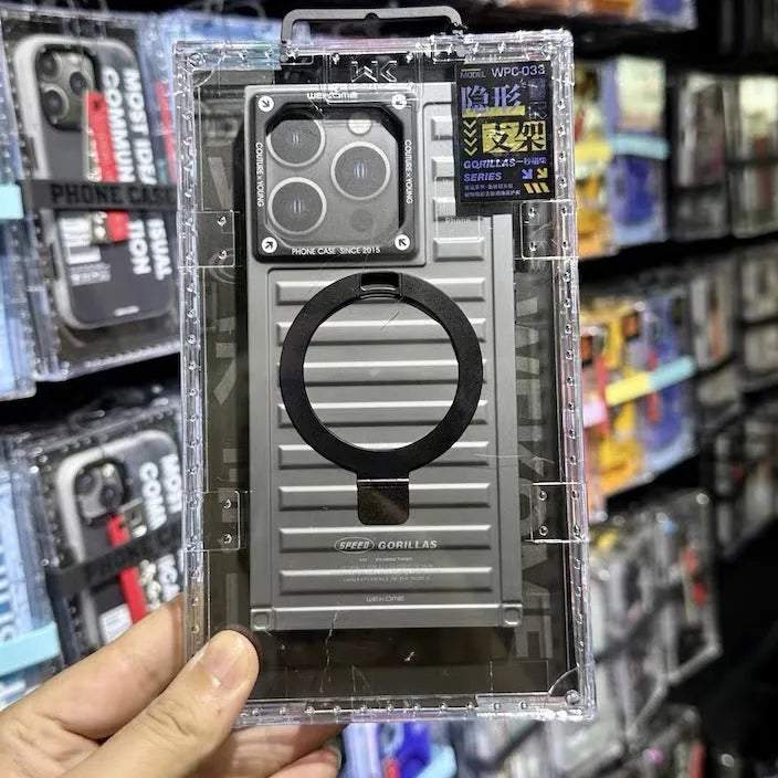 Square magnetic bracket phone case with built-in stand and magnetic backplate for iPhone 15 series, black gray colour