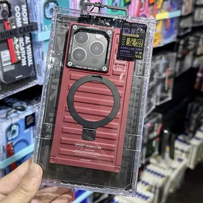 Square magnetic bracket phone case with built-in stand and magnetic backplate for iPhone 15 series, black gray colour