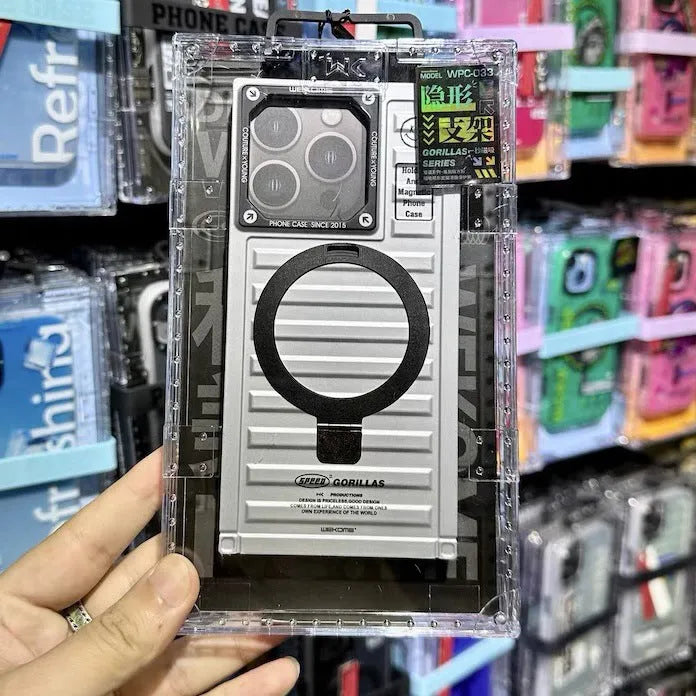 Square magnetic bracket phone case with built-in stand and magnetic backplate for iPhone 15 series, black gray colour