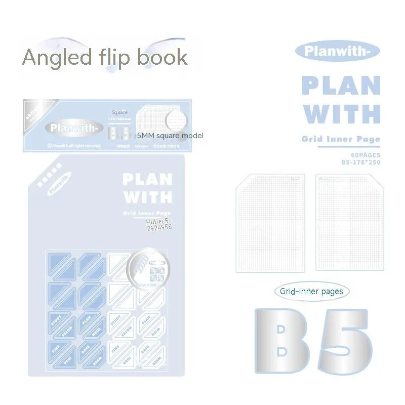 Oblique angle artsy ins style student draft notebook in A5 or B5 size with white or plaid blue cover.