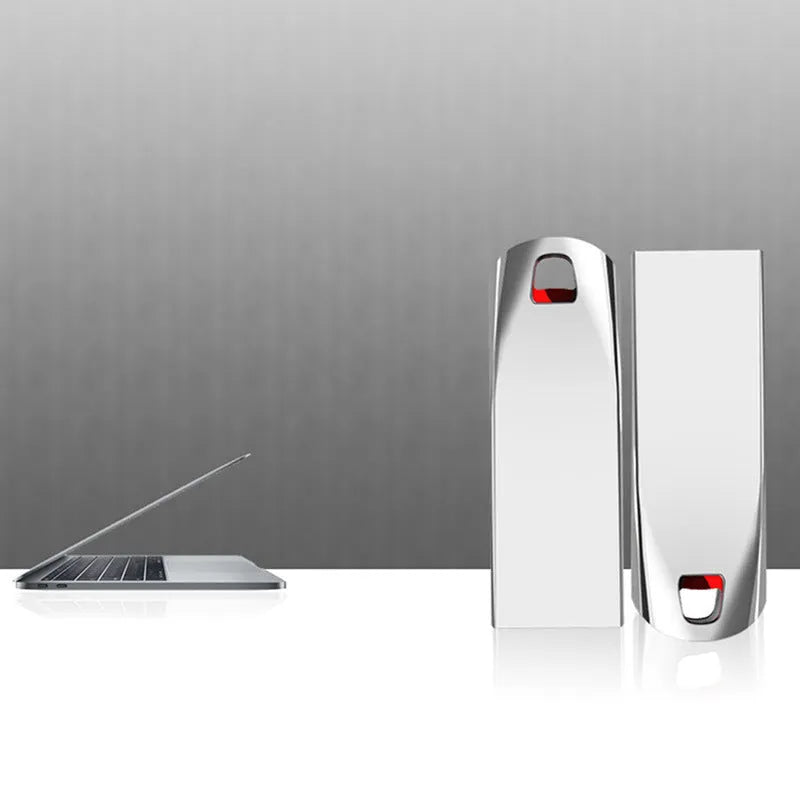 Silver metal USB 2.0 flash drive with large capacity up to 2TB shown on a white background.