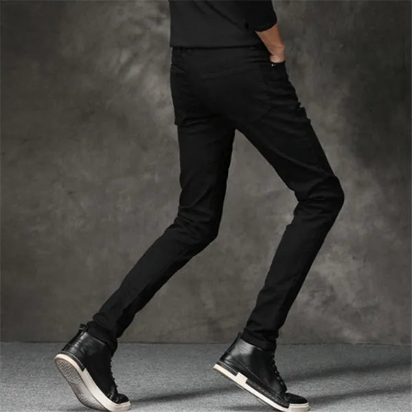Black slim-fit stretch men's cotton pants, tight cut, sizes 27 to 36 with full cm size chart