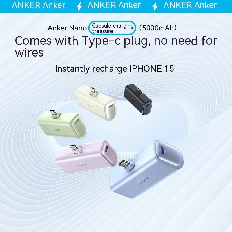 Small capsule-shaped power bank in multiple colours showing USB-C port and compact size.