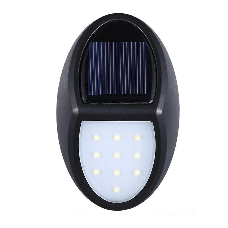 Black solar-powered LED wall light with automatic light sensor for outdoor use