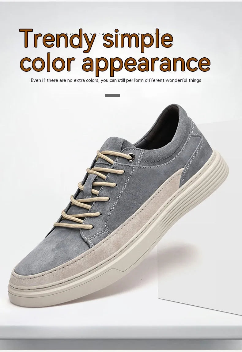 Men's grey and sand casual leather skate shoes with a round toe and rubber sole.