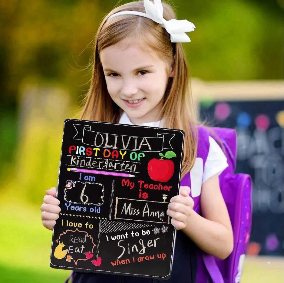 Natural wood colour first day of school blackboard ornament with modern simplicity style.