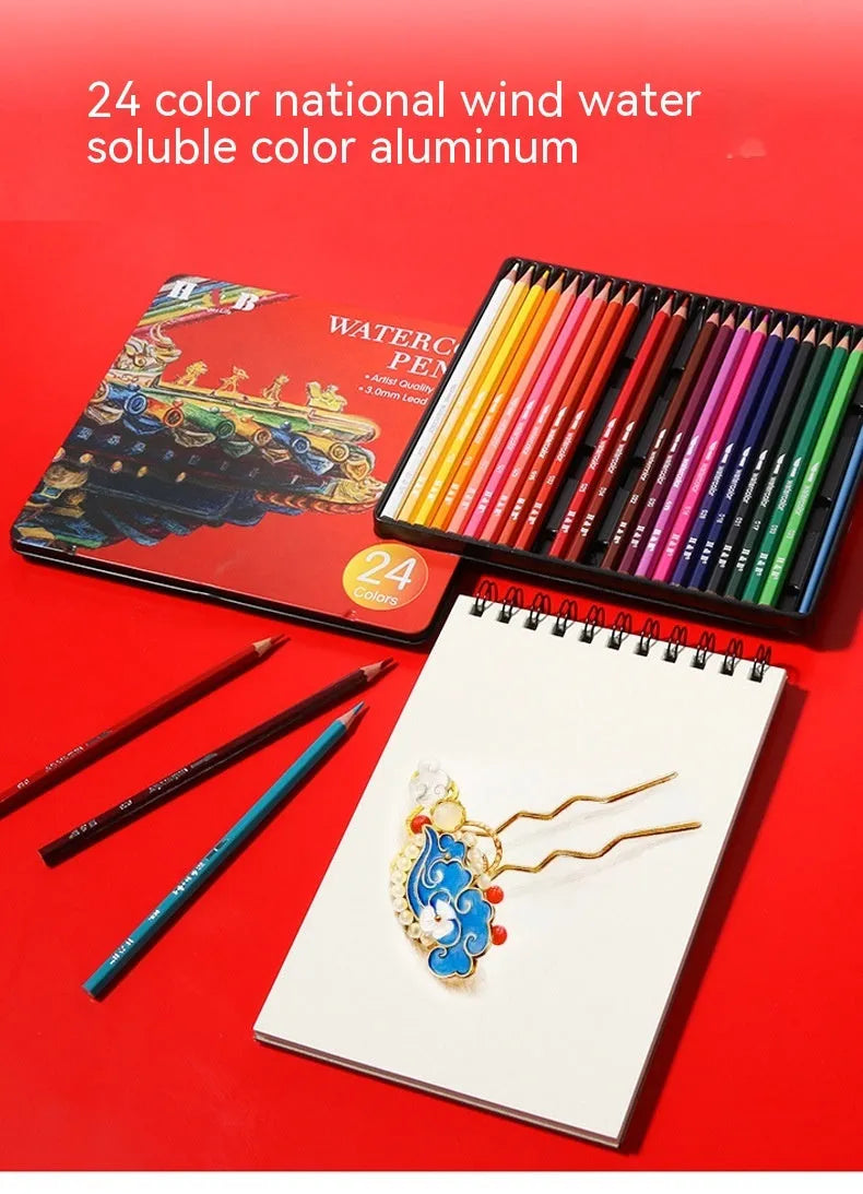 Water-soluble coloured pencil set with brush in an open iron storage tin, showing 24 wooden pencils.