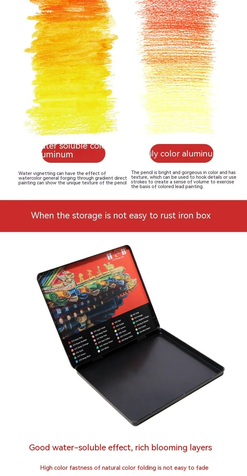 Water-soluble coloured pencil set with brush in an open iron storage tin, showing 24 wooden pencils.