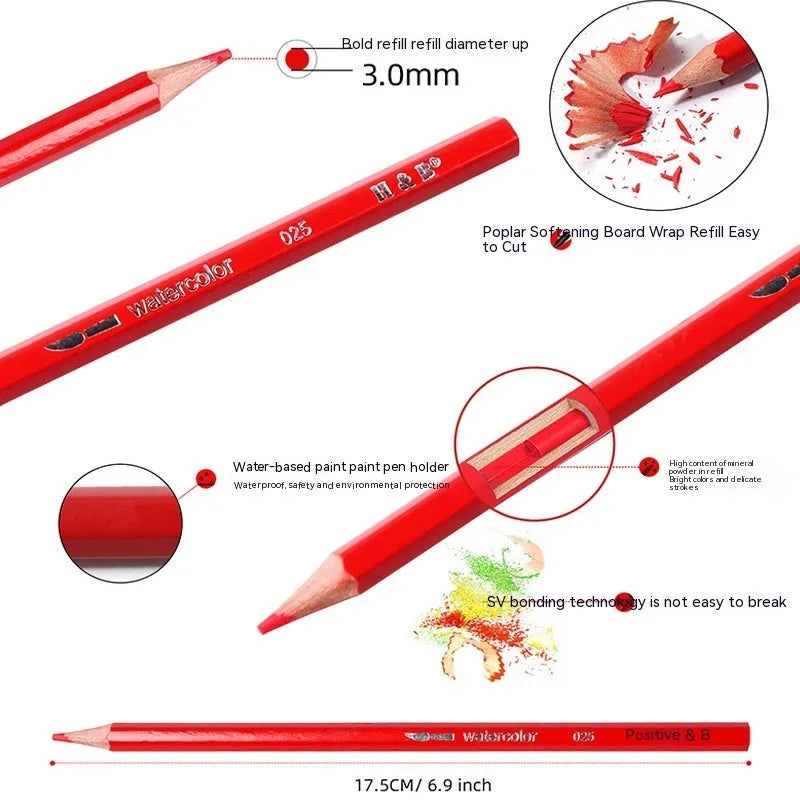 Water-soluble coloured pencil set with brush in an open iron storage tin, showing 24 wooden pencils.
