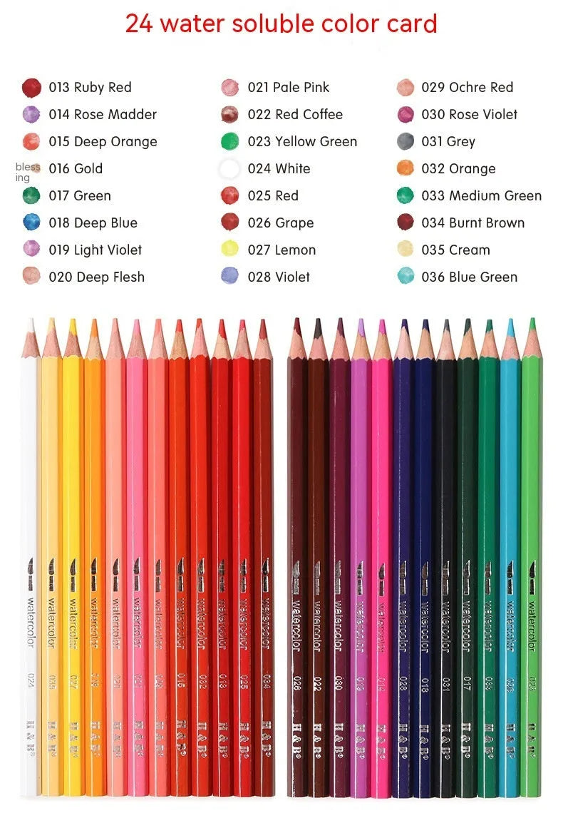 Water-soluble coloured pencil set with brush in an open iron storage tin, showing 24 wooden pencils.