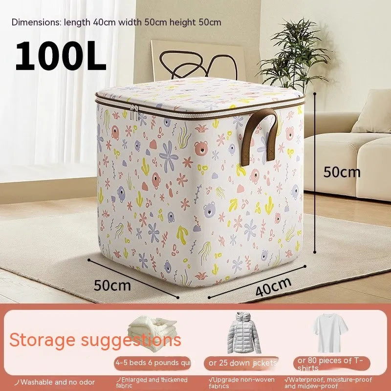 Non-woven cube storage box with cartoon bear zipper, 100L 140L 180L, for quilt clothes and laundry
