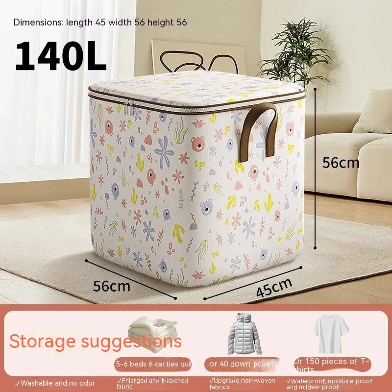 Non-woven cube storage box with cartoon bear zipper, 100L 140L 180L, for quilt clothes and laundry