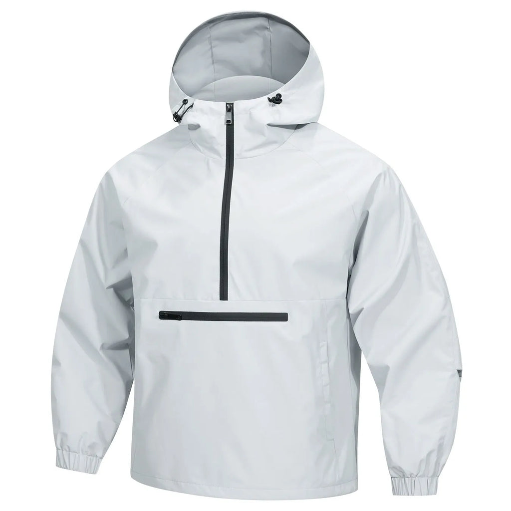 Men's loose grey hooded sweater jacket with half-zip front in rabbit fur corduroy fabric