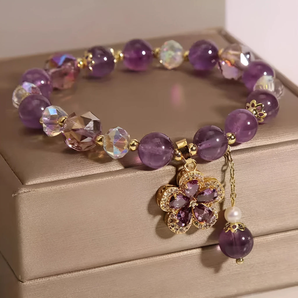 Natural purple amethyst crystal bracelet with nine-tailed fox pendant and flower charm