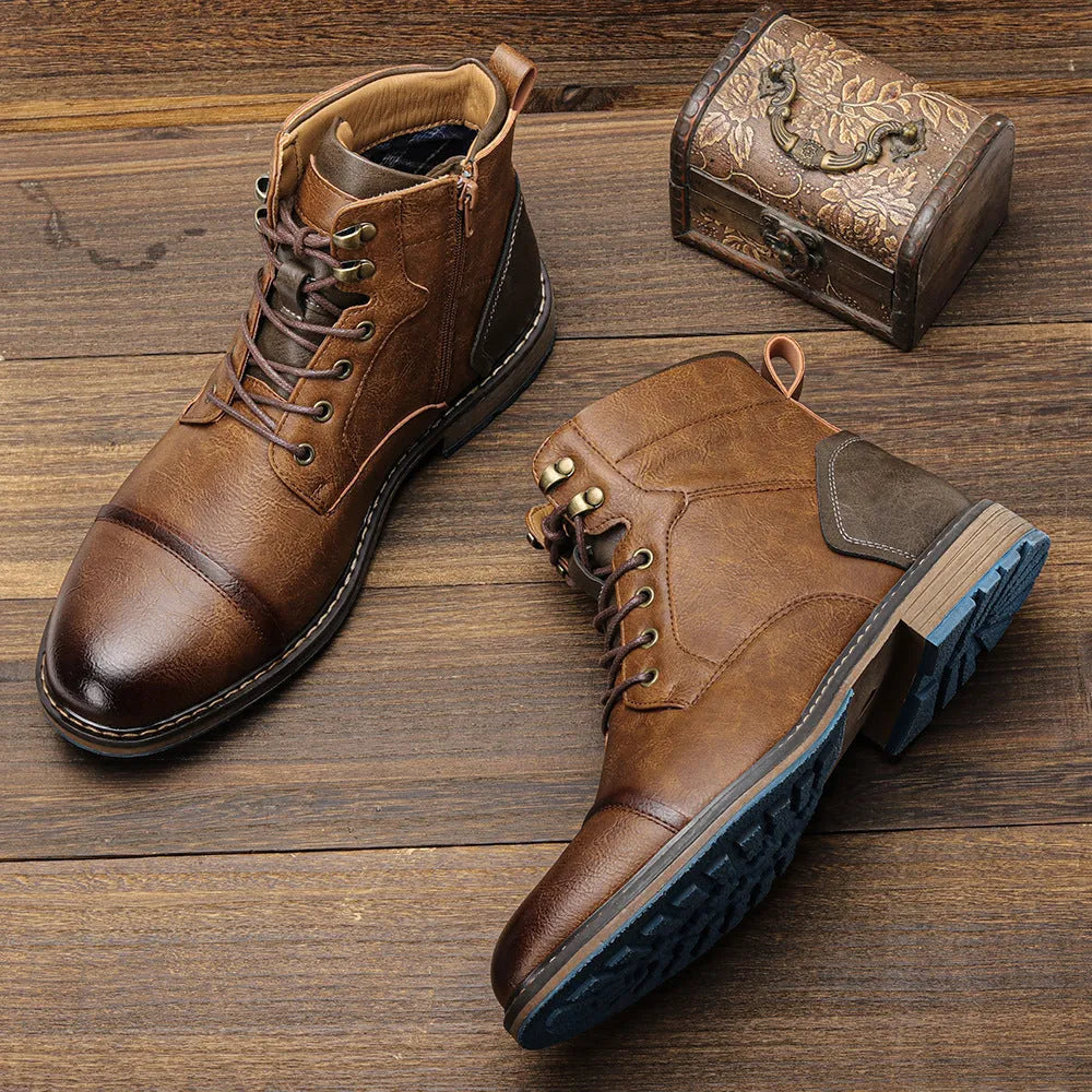 Men's high-top boots in light brown artificial PU with flat heel and lace-up front, sizes 39-50