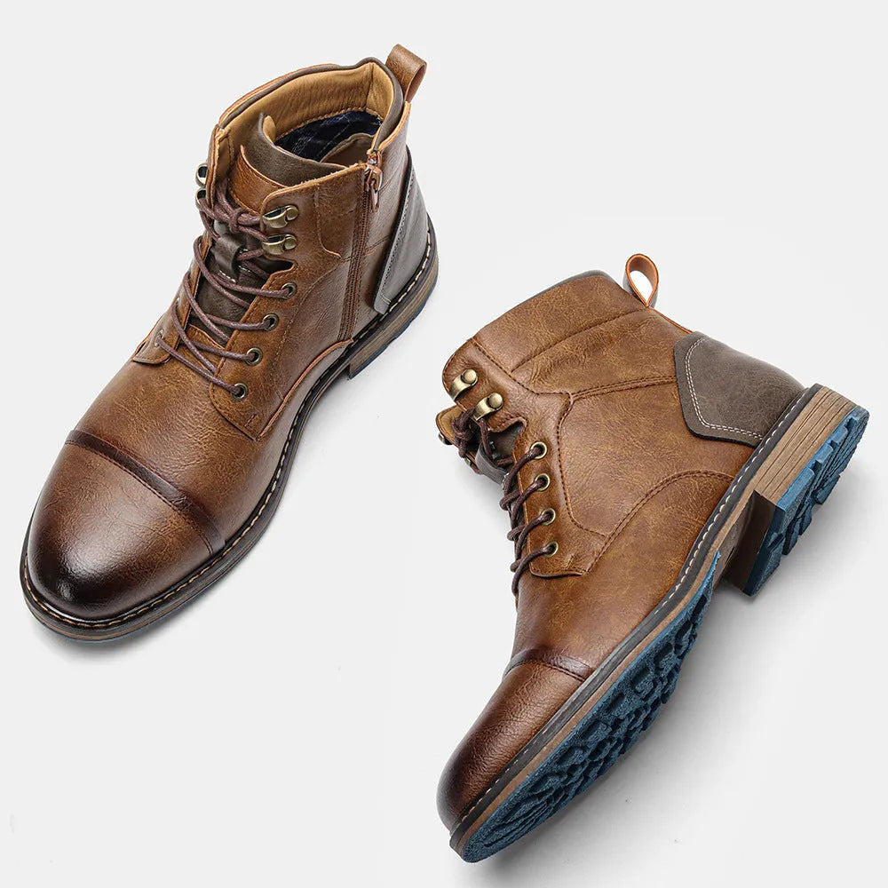 Men's high-top boots in light brown artificial PU with flat heel and lace-up front, sizes 39-50