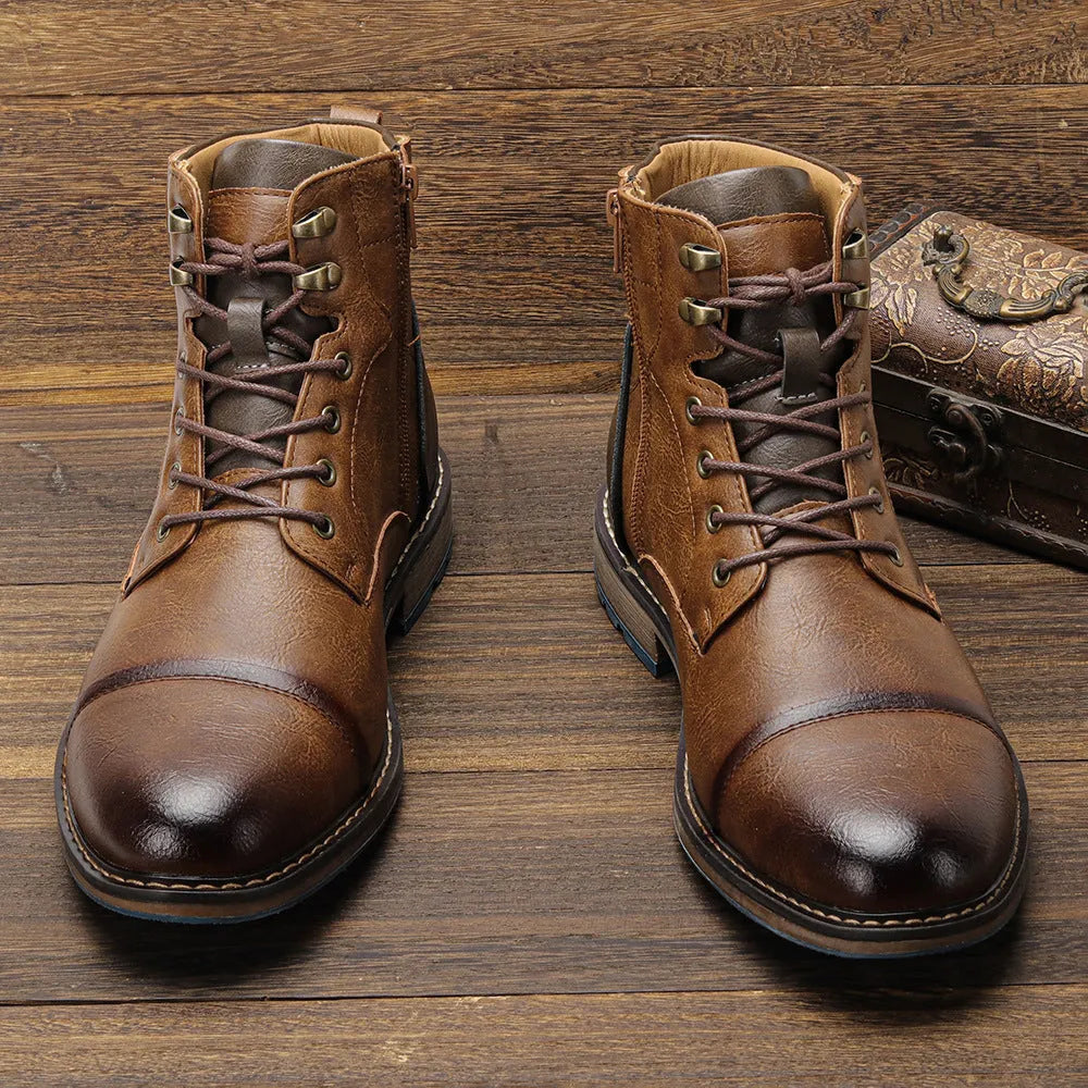 Men's high-top boots in light brown artificial PU with flat heel and lace-up front, sizes 39-50