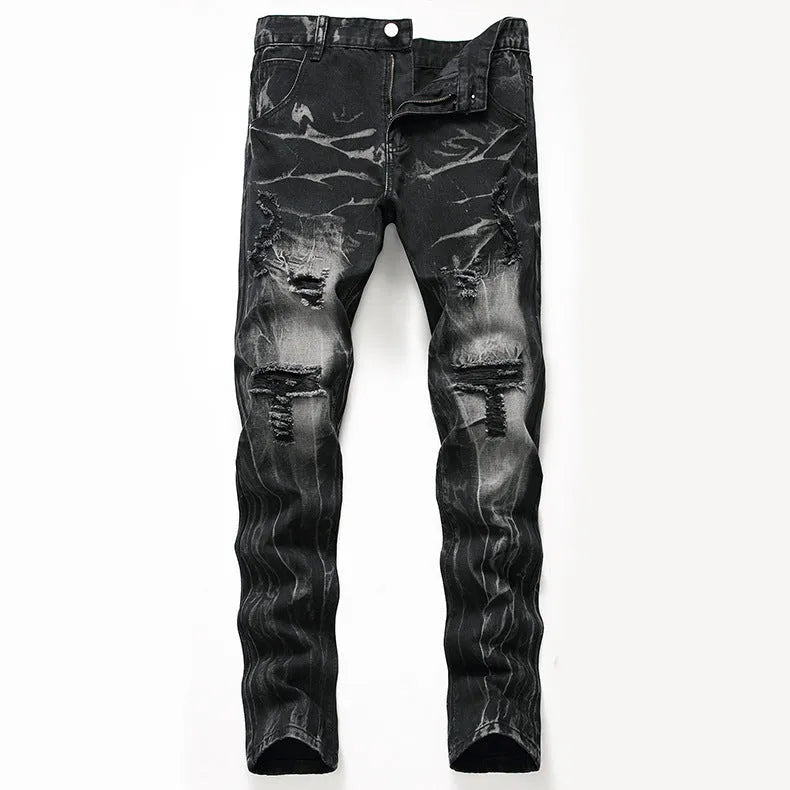 Men's ripped black straight-leg cotton denim jeans, mid-waist with zipper fly, size 28-42