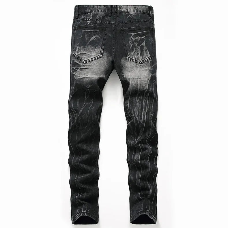 Men's ripped black straight-leg cotton denim jeans, mid-waist with zipper fly, size 28-42