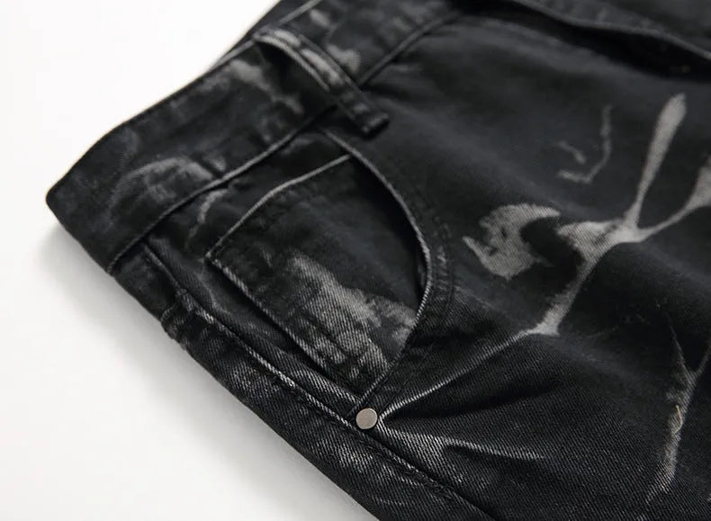 Men's ripped black straight-leg cotton denim jeans, mid-waist with zipper fly, size 28-42