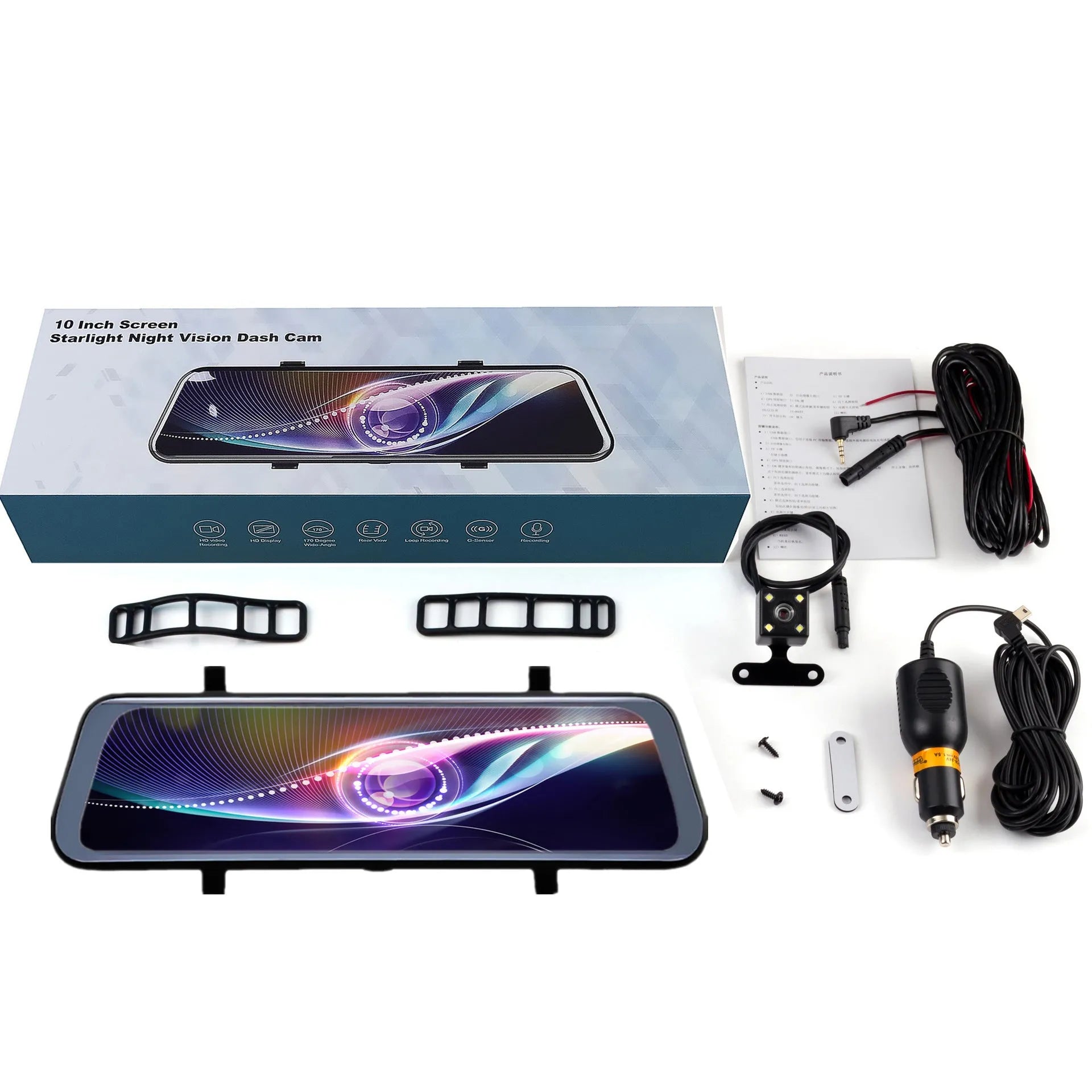 Black rearview mirror format driving recorder with large touchscreen display