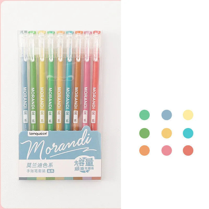 Set of nine gel pens with 0.5mm needle tips in a white plastic storage case.