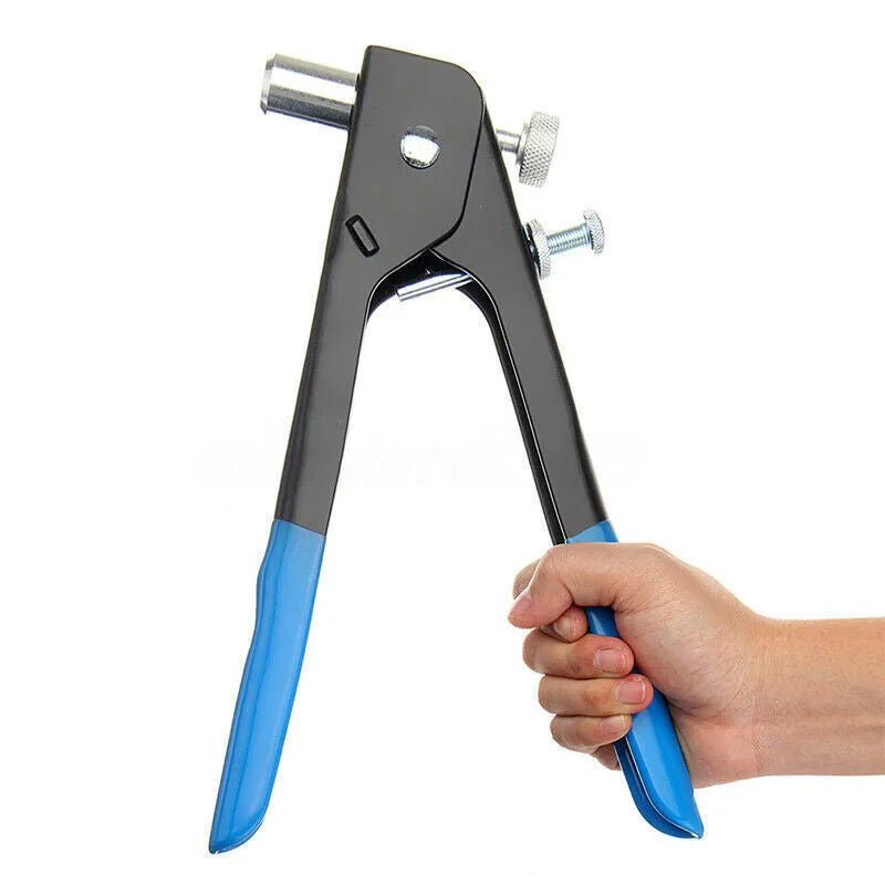 Alloy steel manual riveter tool with a selection of nut rivet fasteners from the kit.