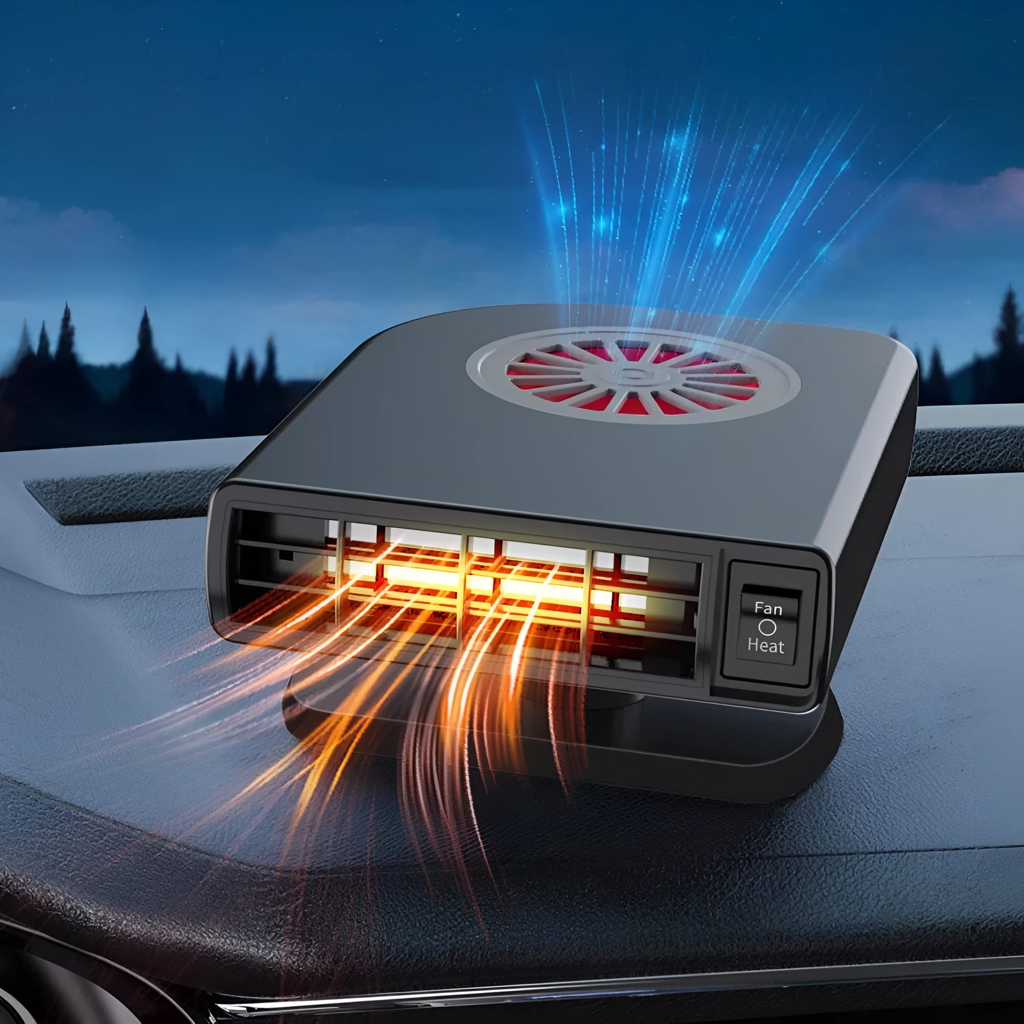 Black compact vehicle-mounted heater for car defrosting and defogging on a dashboard.