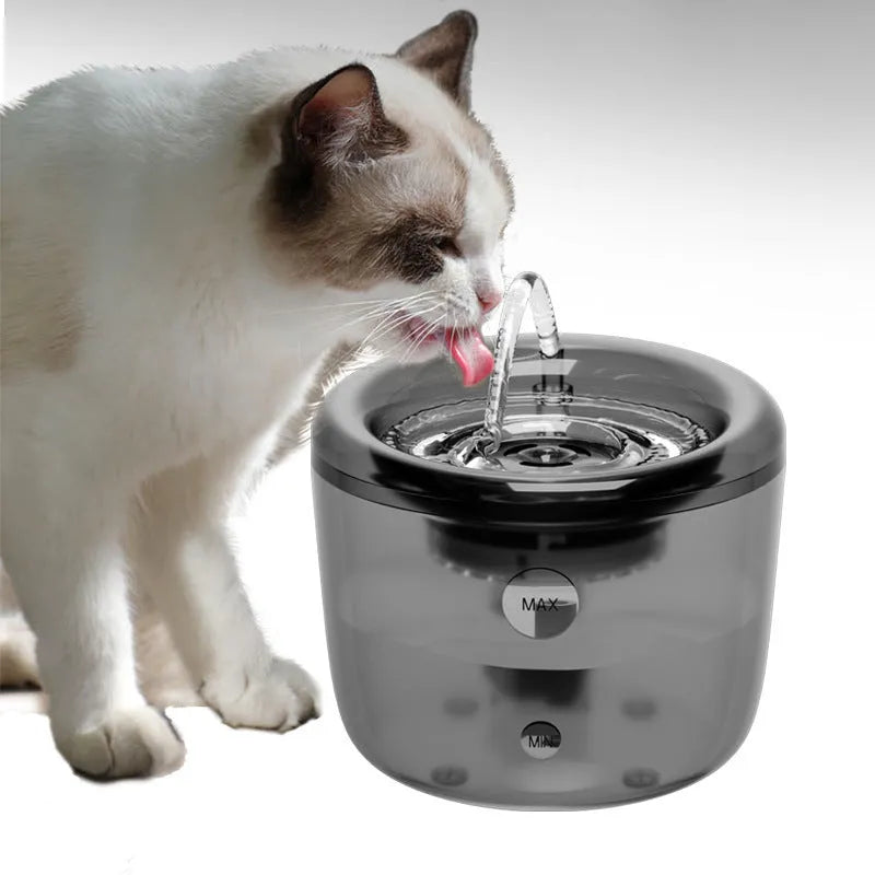 Grey automatic pet water fountain with circulating filter and USB power cable