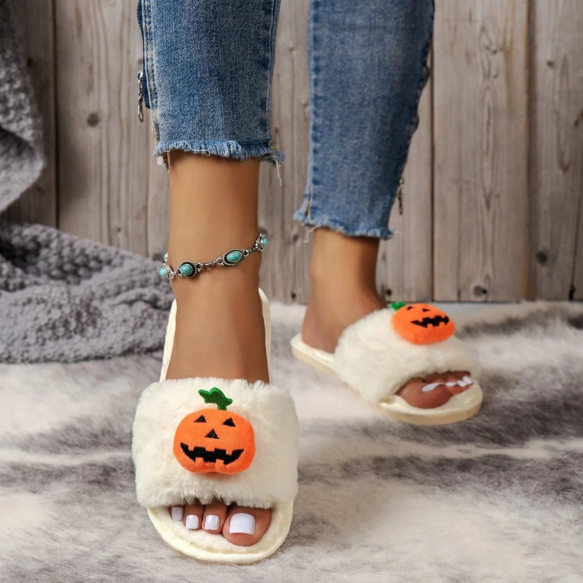 White and yellow Halloween pumpkin cartoon plush slippers with open toe design and anti-slip soles