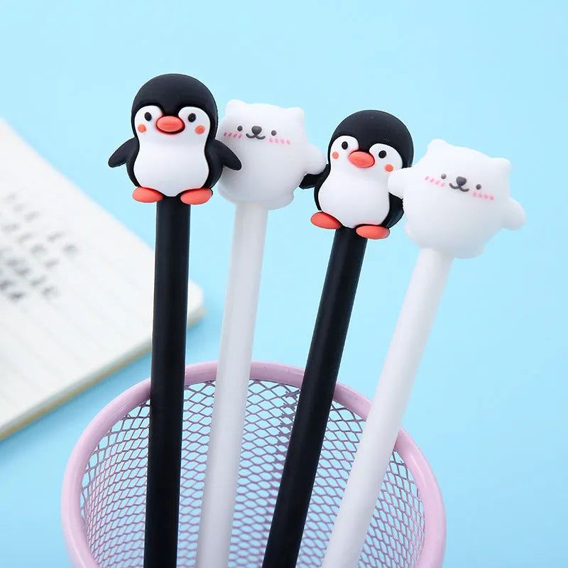Peacock blue gel pen with cartoon penguin design and silicone grip, showing 0.5mm tip.