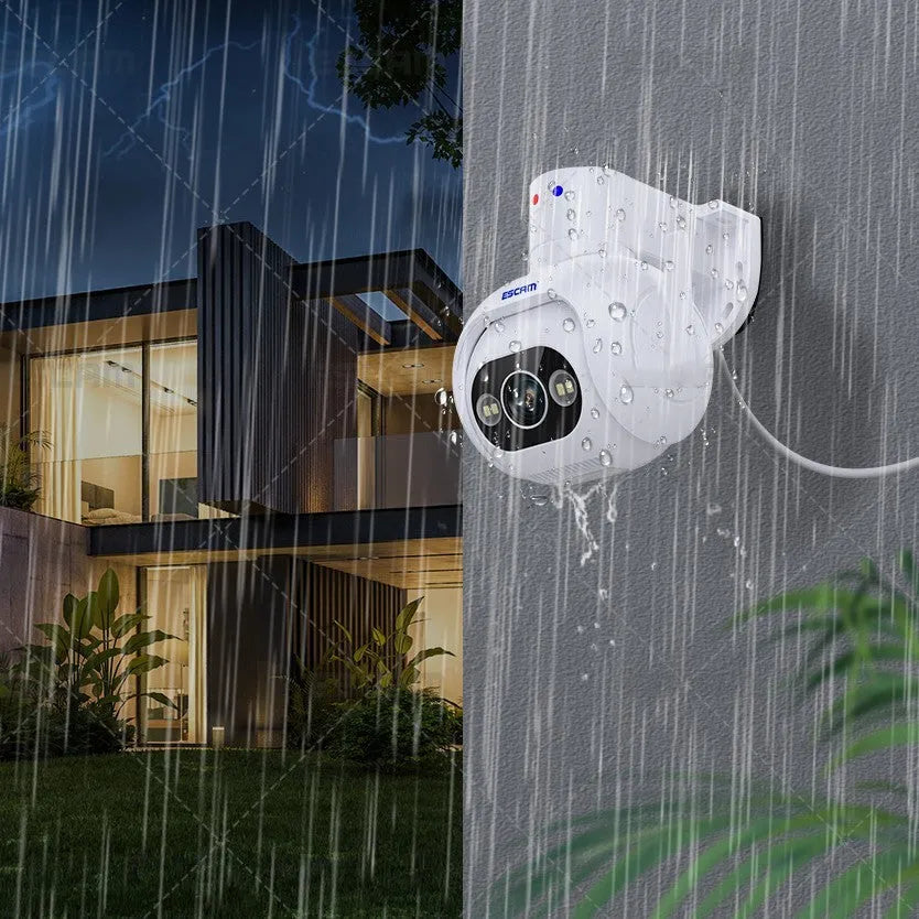 White plastic smart security camera with wall mount bracket, showing lens and status light.