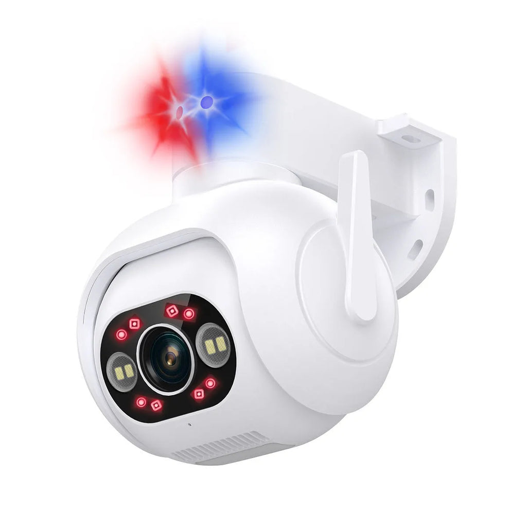 White plastic smart security camera with wall mount bracket, showing lens and status light.