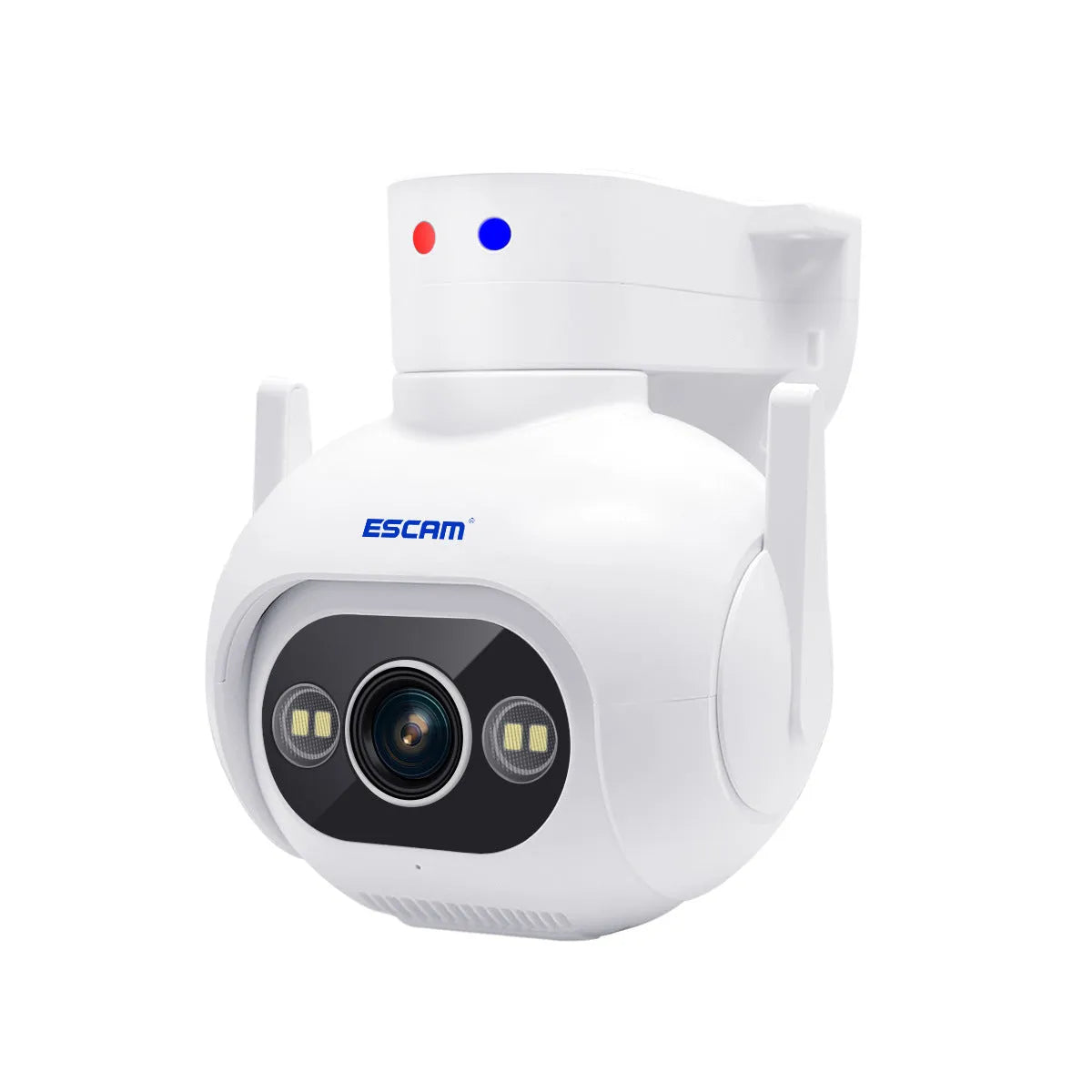 White plastic smart security camera with wall mount bracket, showing lens and status light.