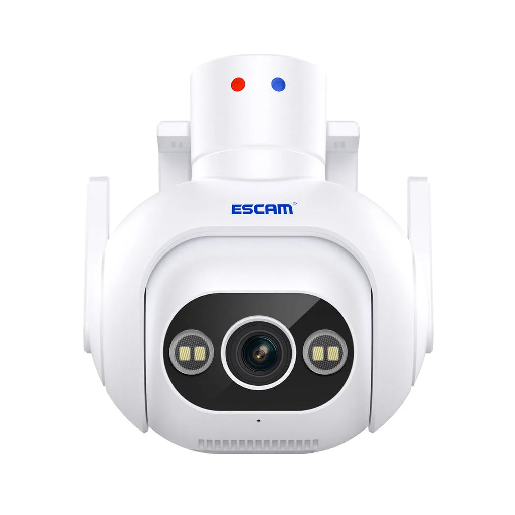 White plastic smart security camera with wall mount bracket, showing lens and status light.