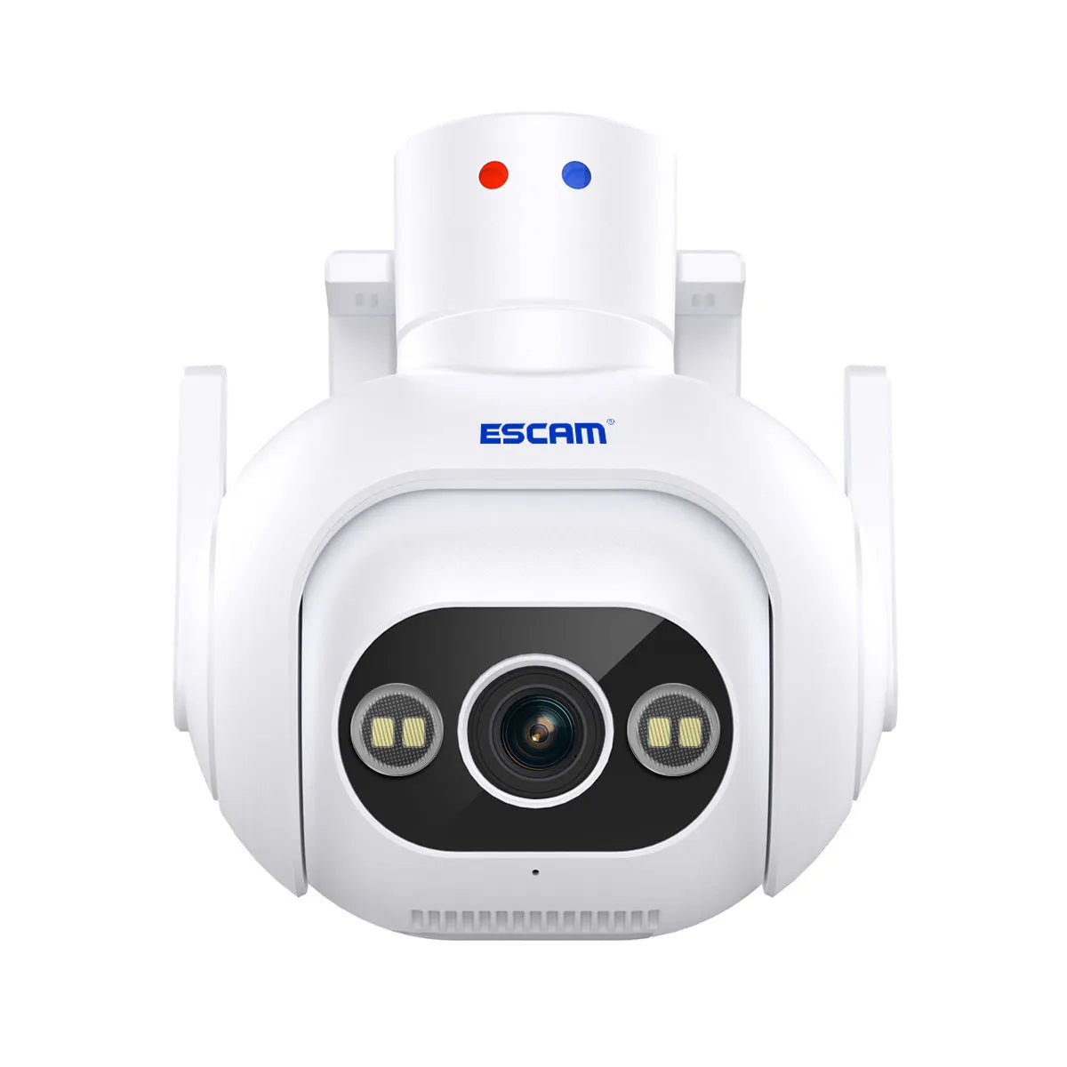 White plastic smart security camera with wall mount bracket, showing lens and status light.