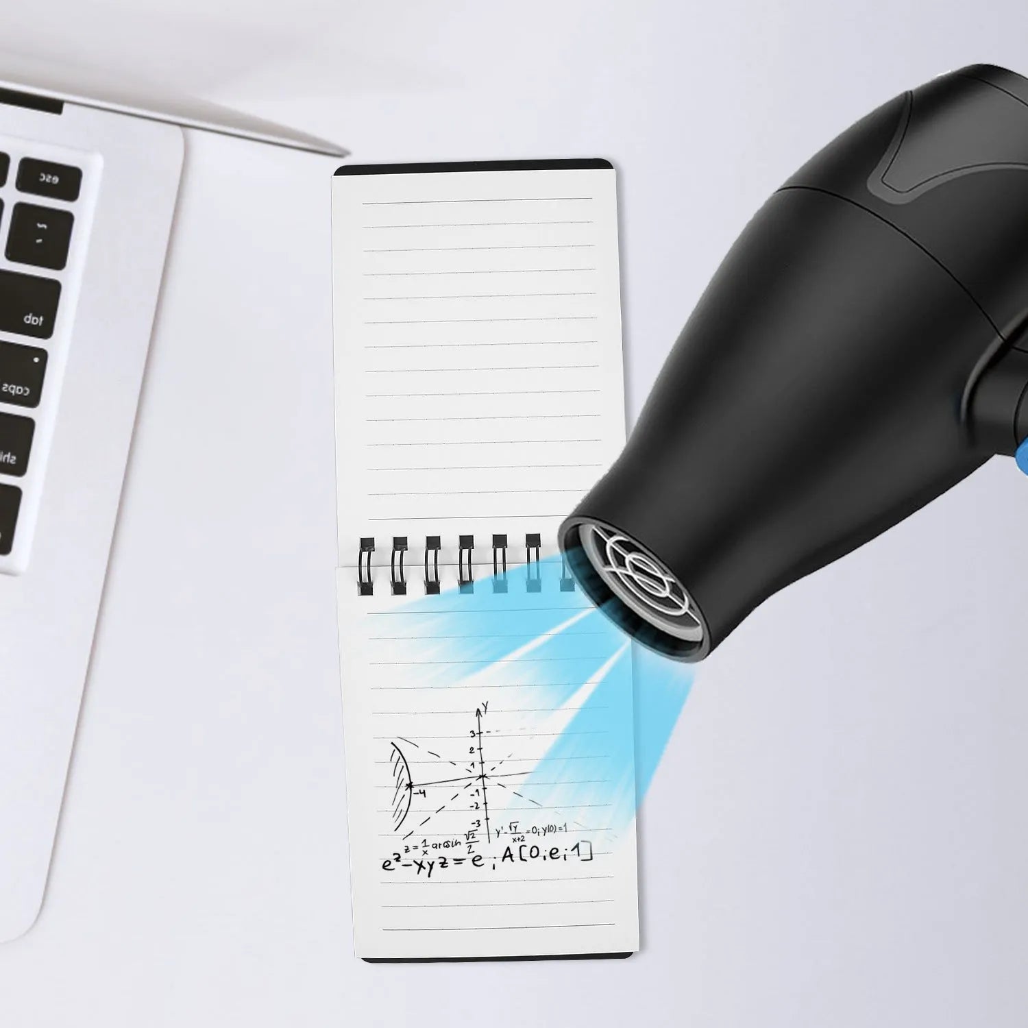 Spiral-bound business notepad with black and transparent white PP cover, pen, and cleaning cloth