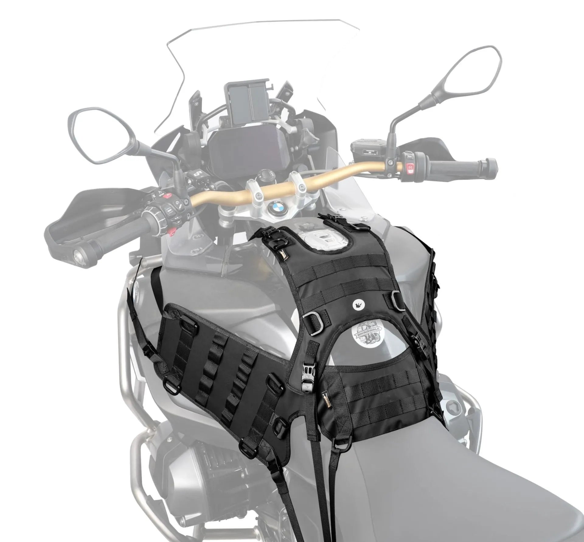 Black polyester motorcycle luggage loading base for fuel tank mounting, dimensions 100cm by 40cm.