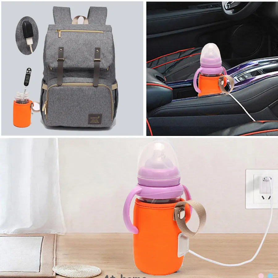 Blue USB-powered baby bottle warmer sleeve on a milk bottle showing USB cable.