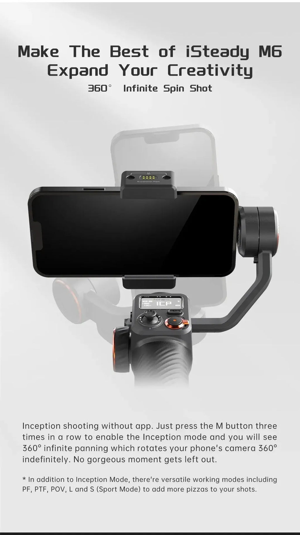Black AI face tracking smartphone gimbal stabiliser with magnetic fill light attached and tripod extended.