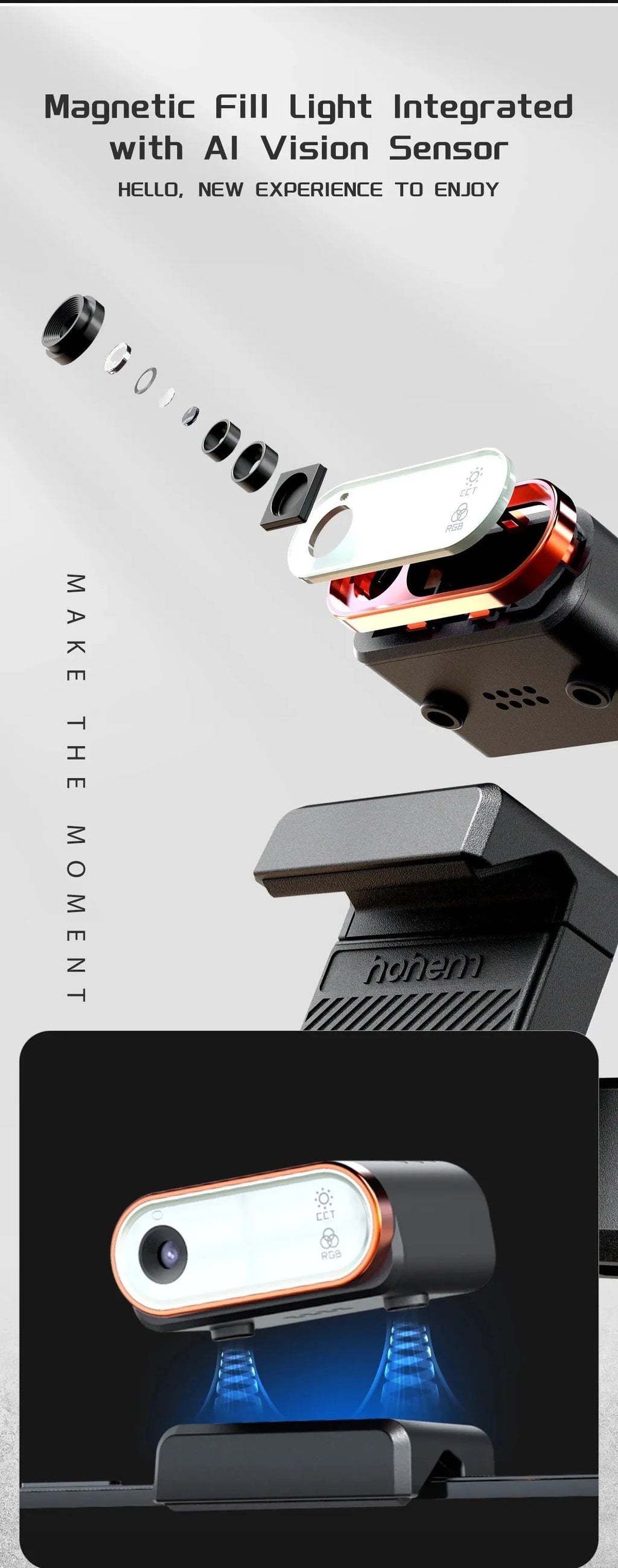 Black AI face tracking smartphone gimbal stabiliser with magnetic fill light attached and tripod extended.
