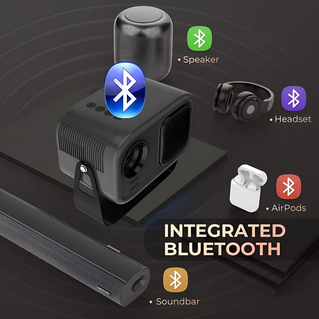 Black portable HD projector with remote control and cables for home office presentations