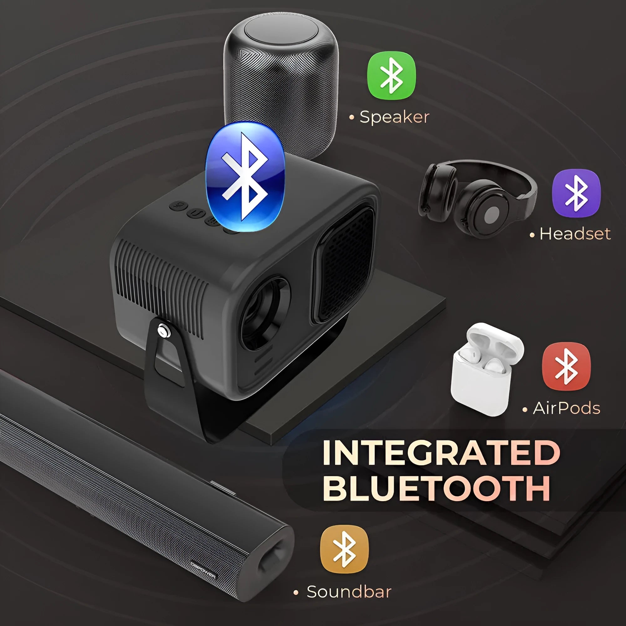 Black portable HD projector with remote control and cables for home office presentations