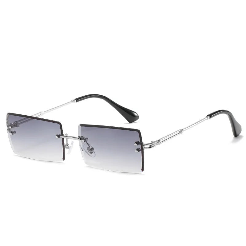 Rimless cut edge square sunglasses with plastic and metal frame and PC lenses, shown in a colour option.