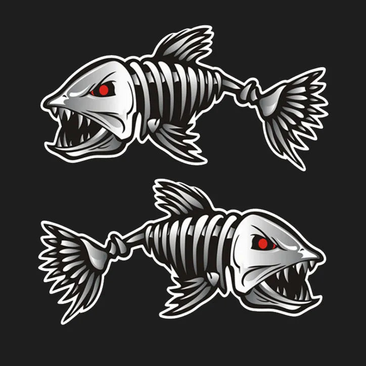 Horror shark skeleton reflective bumper stickers in three size pairs for fishing gear
