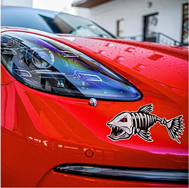 Horror shark skeleton reflective bumper stickers in three size pairs for fishing gear